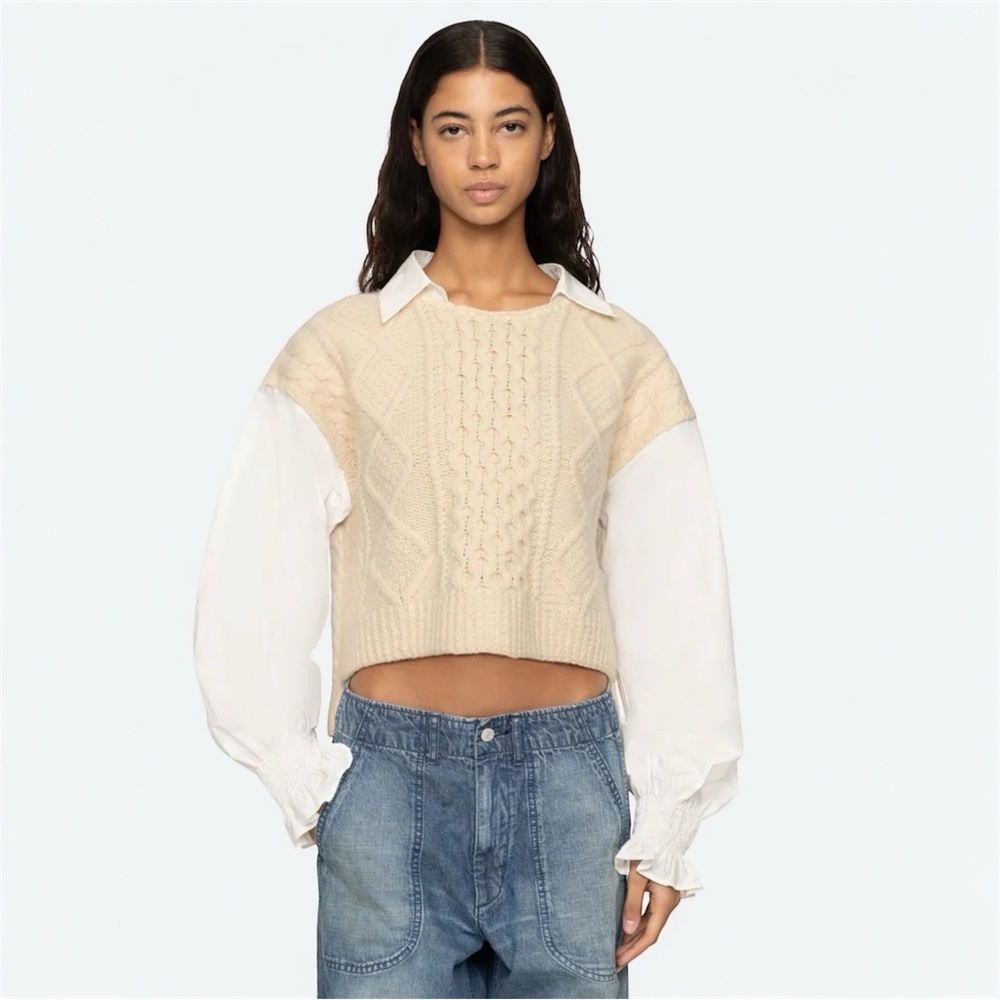 Sea New York Devana Cable Knit Wool Sweater XS Cream Chunky Cozy